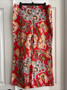 Free People Vibrant Boho Hippie Red Floral paisley cotton Wide Leg Pants Size 10
